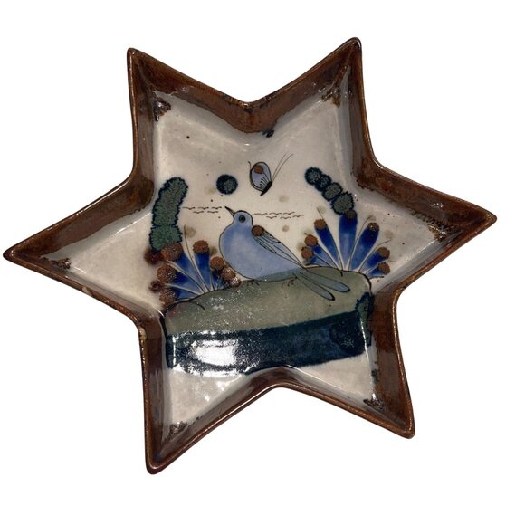 Ken Edwards Vintage Tonala Hexagram Folk Art Craft Pottery Bird Floral Plate - Picture 1 of 6